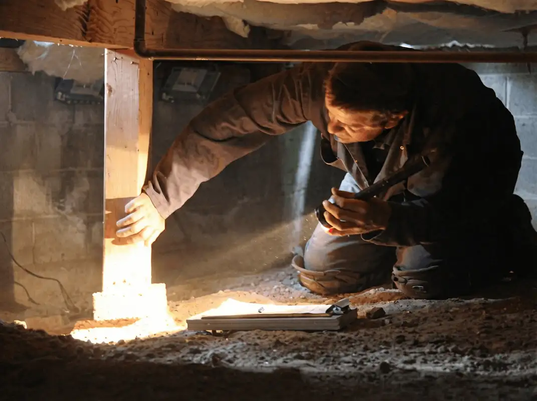 A professional inspecting wooden beams under the floor of a structure in Cedar Rapids, IA