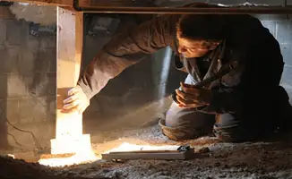 A professional inspecting wooden beams under the floor of a structure in Cedar Rapids, IA
